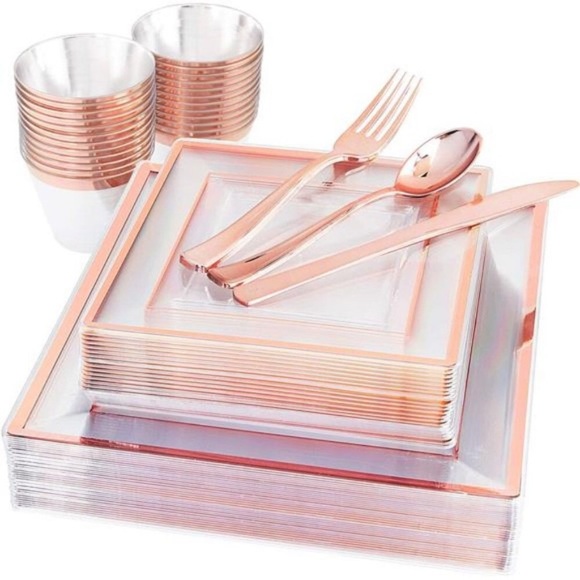 150 Pieces Rose Gold Square Plastic Plates with Silverware and Cups, Disposable - Picture 1 of 6